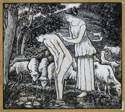 Chloë washing Daphnis at a stream (compositional study for an illustration to 